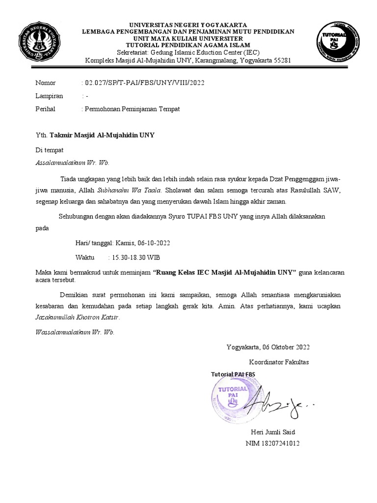 Contoh Surat Peminjaman Tempat | PDF