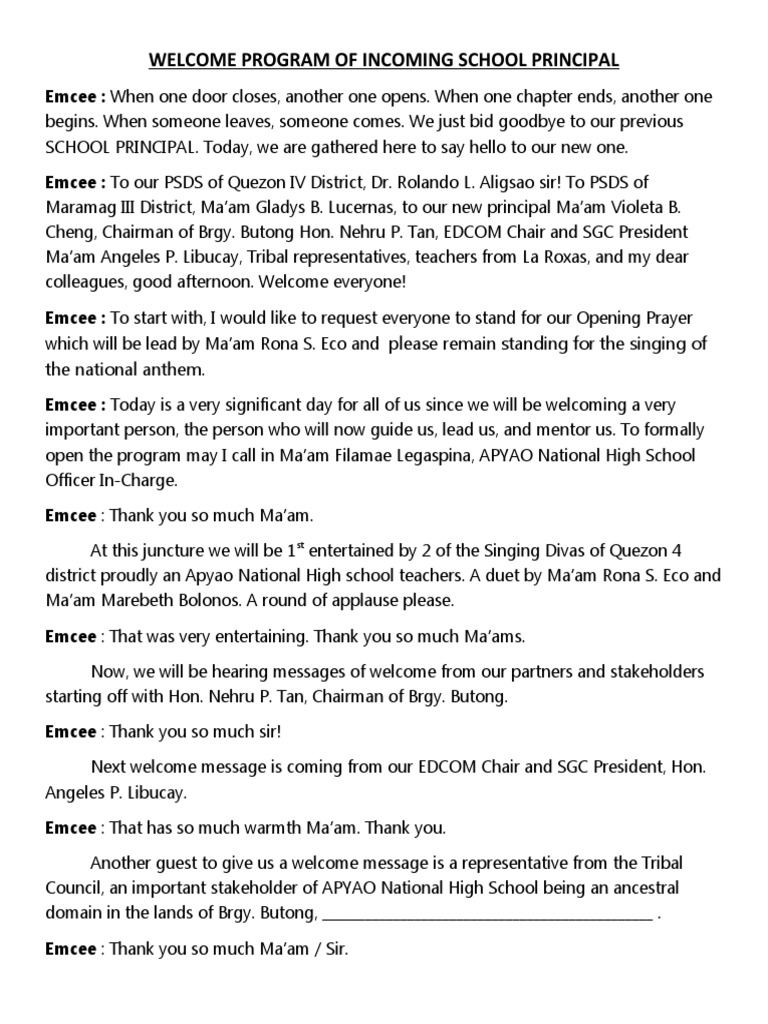 Welcome Program of Incoming School Principal | PDF