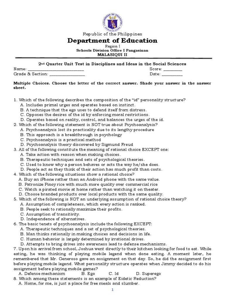 2nd Quarter Social Sciences Unit Test | PDF | Id | Theory