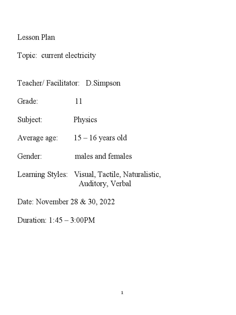 Current Electricity Lesson Plan for Grade 11 | PDF | Lesson Plan | Pedagogy