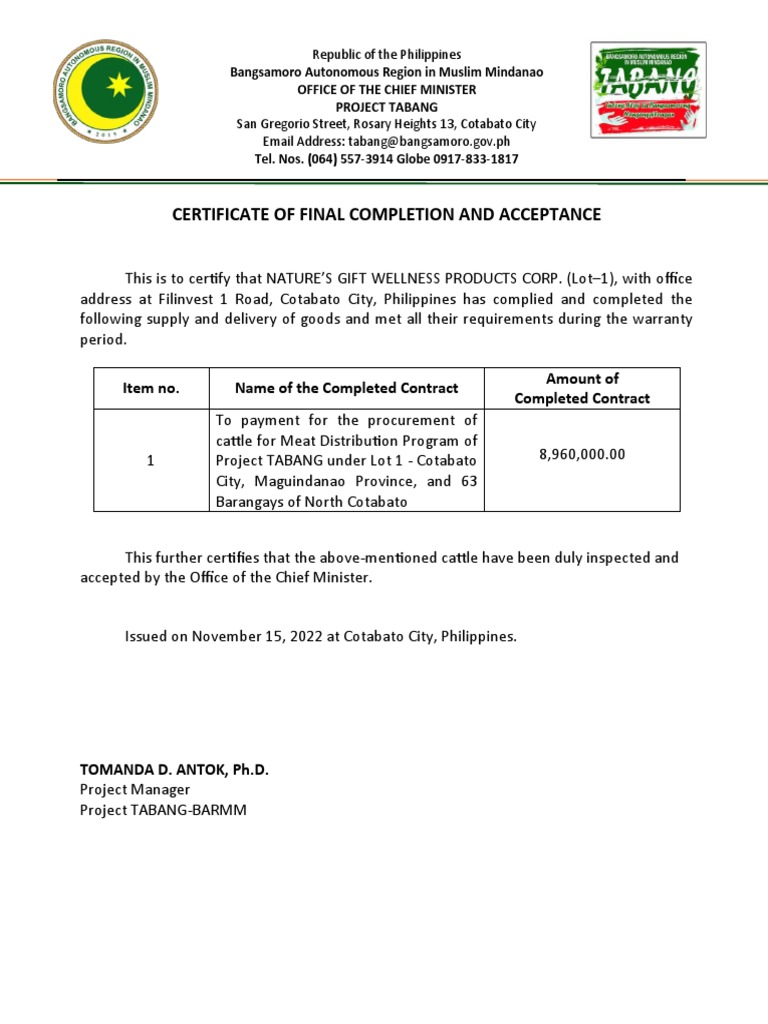 Certificate of Final Copletion and Acceptance | PDF | Law