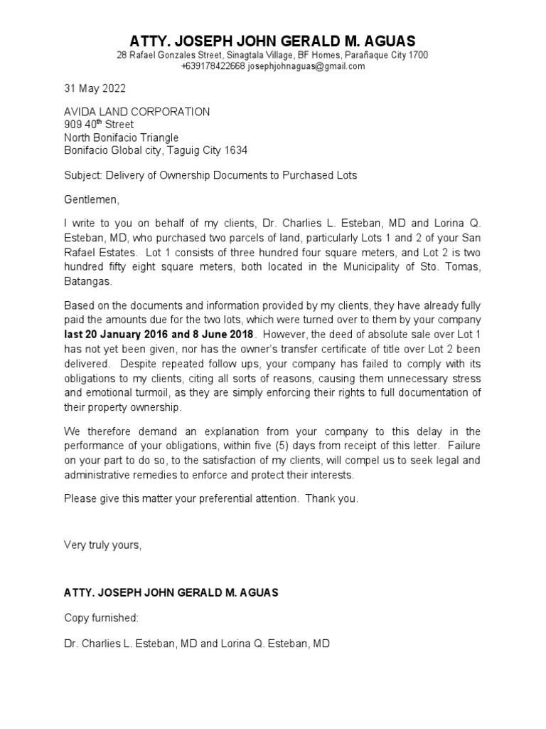 Demand Letter AVIDA DR Charlies Lorina Esteban REVISED | PDF | Law