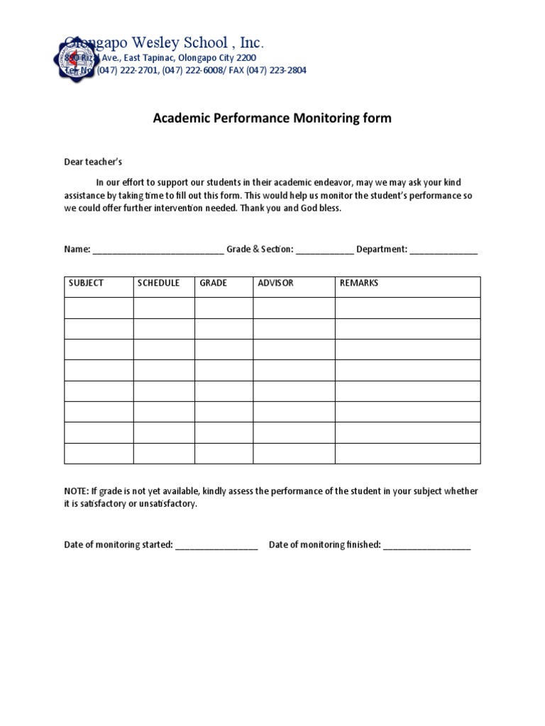 Academic Performance Monitoring Form | PDF