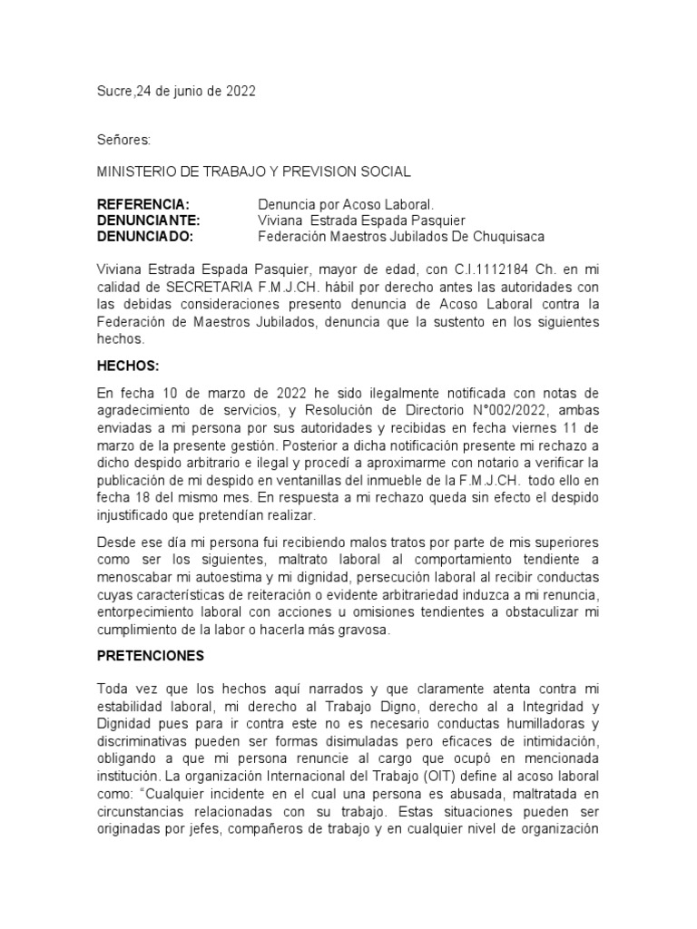 Denuncia de Acoso Laboral de Viviana Espada | PDF | Justicia | Crimen y ...