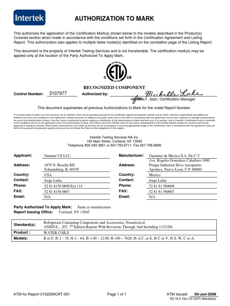 Intertek ETL Authorization to Mark | PDF