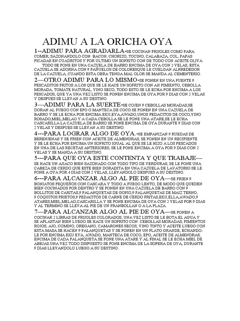 Adimu A La Oricha Oya | PDF | Cocina, comidas y vino