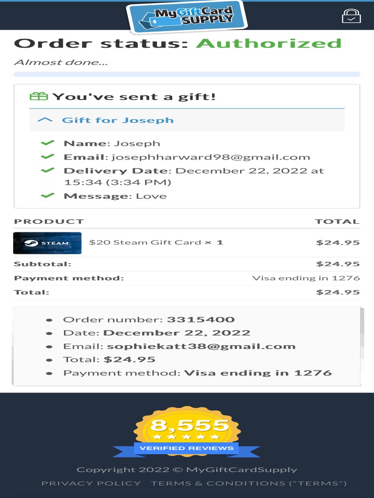Steam Gift Card Order Confirmation | PDF