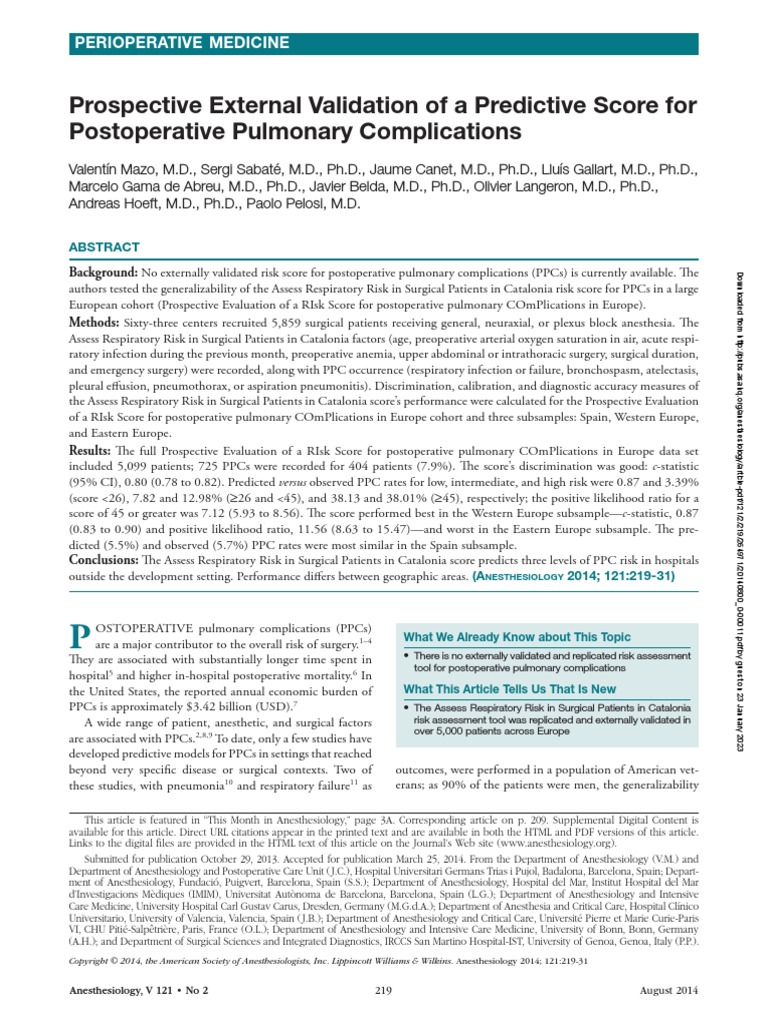 Prospective External Validation of A Predictive Score For Postoperative Pulmonary Complication