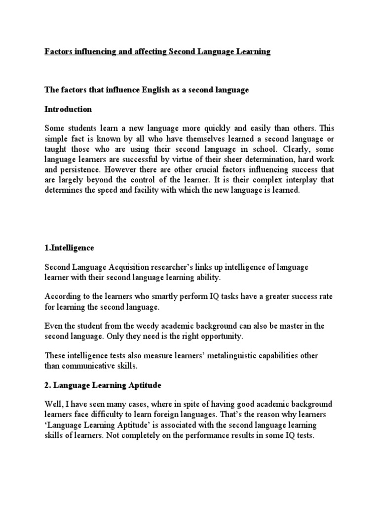 Factors Influencing Esl Learning Pdf Second Language Acquisition
