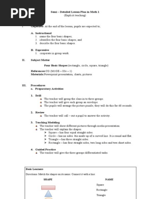 Lesson Plan Math 1 Four Basic Shapes
