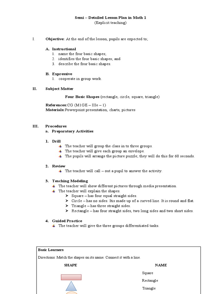 Lesson Plan Math 1 Four Basic Shapes PDF Teachers Lesson Plan