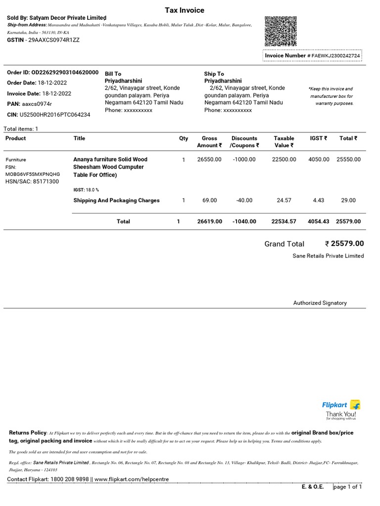 Ananya Furniture Tax Invoice PDF Taxes Economies