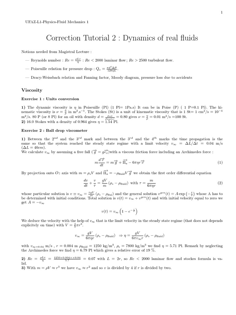 Correction TD 2 Fluids Mechanics PDF Reynolds Number Fluid Dynamics