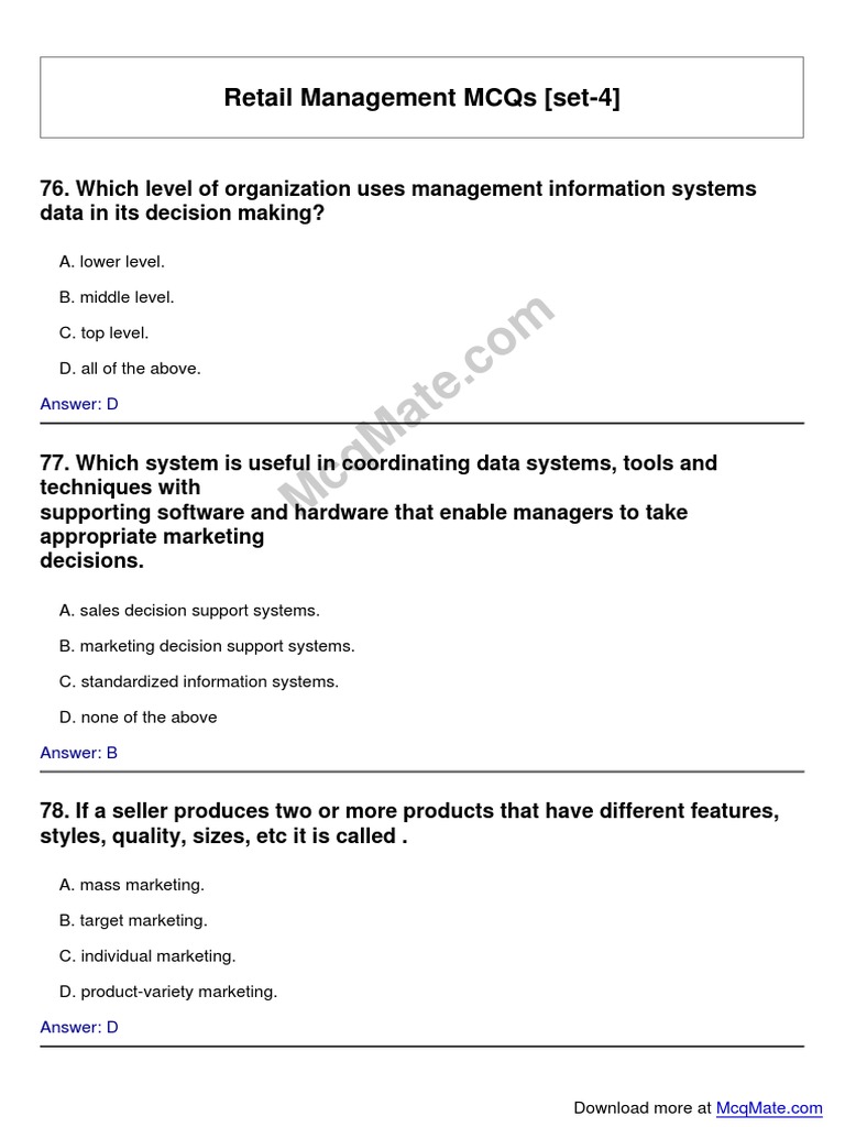 RetailManagement Solved MCQs (Set4) PDF Market Segmentation