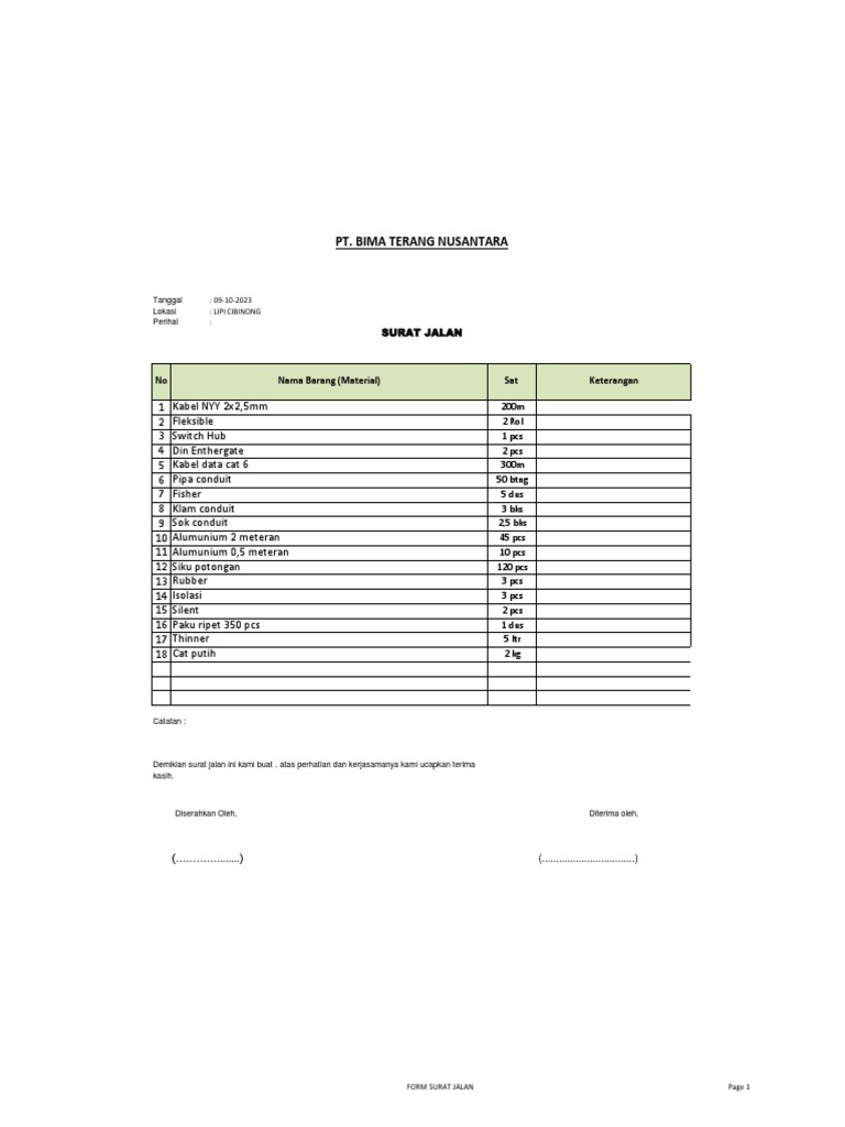 Contoh Surat Jalan Material PT Bima Terang | PDF