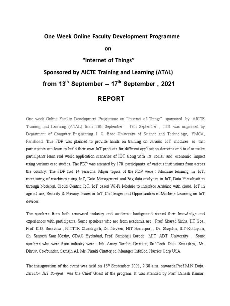 IoT Faculty Development Program Report | PDF | Internet Of Things ...