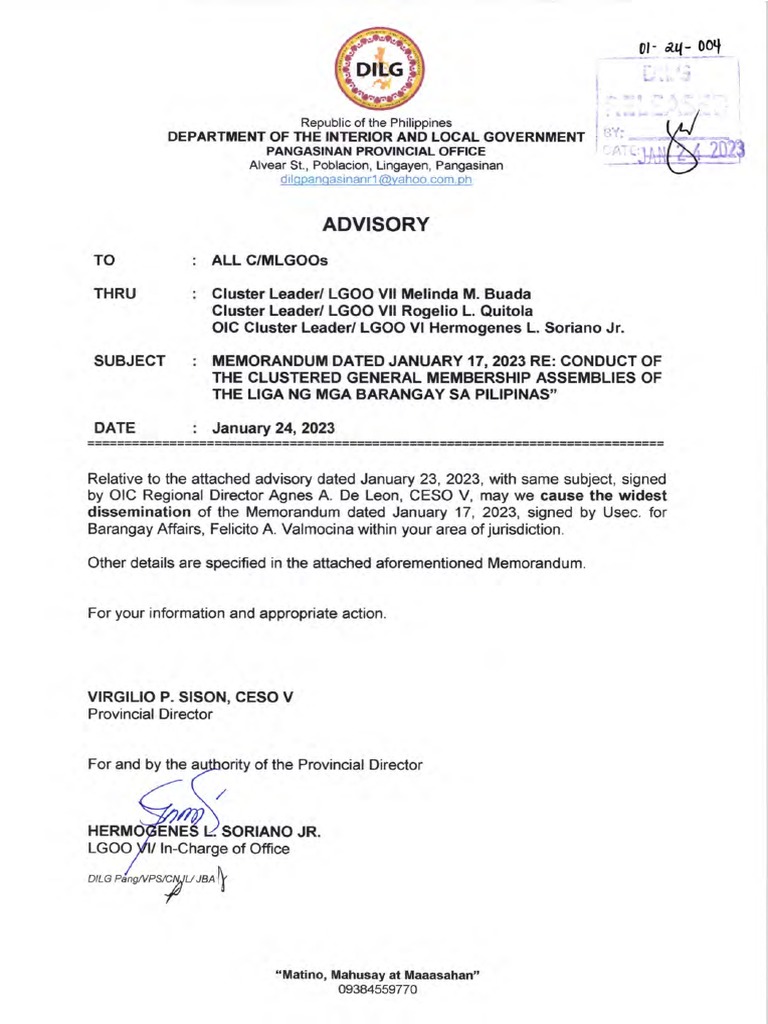 Memorandum dated january 17 2023 re conduct of the clustered general