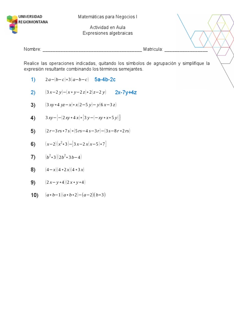 Ejercicios de Expresiones Algebraicas | PDF