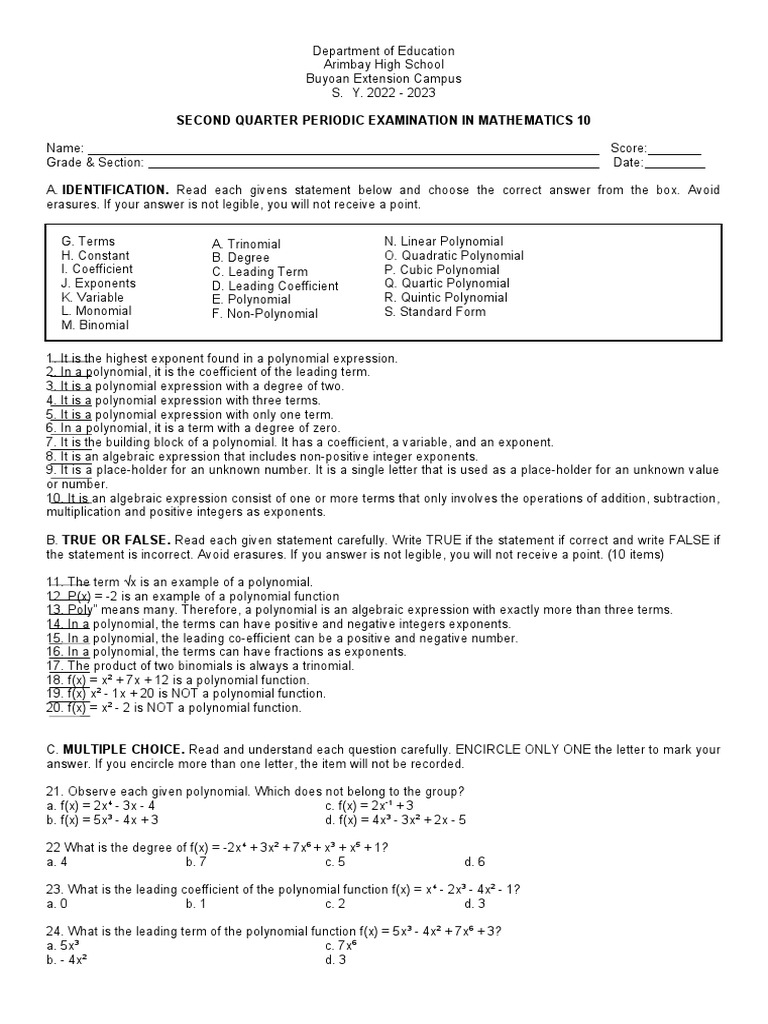 Math 10 Second Quarter Exam Guide | PDF | Polynomial | Applied Mathematics
