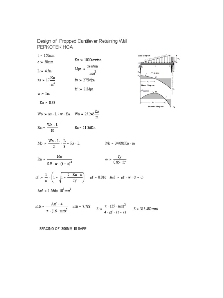 Propped Cantilever Retaining Wall Design | PDF