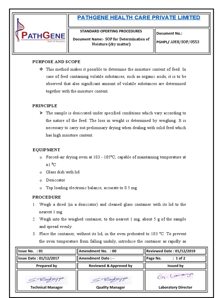 SOP For Determination of Moisture (Dry Matter) PDF Weight
