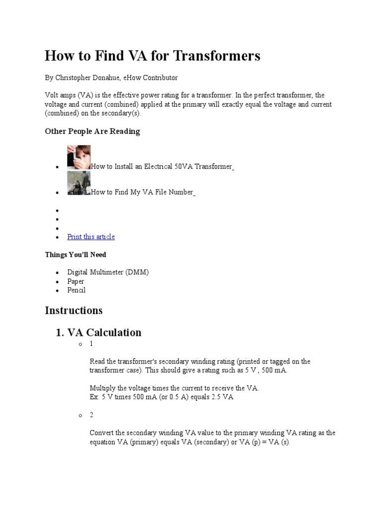 How To Find VA For Transformers PDF