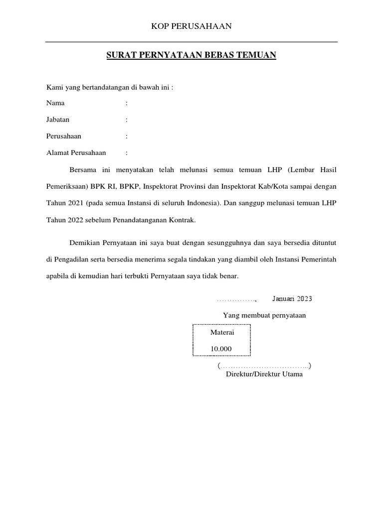 Surat Pernyataan Bebas Temuan | PDF