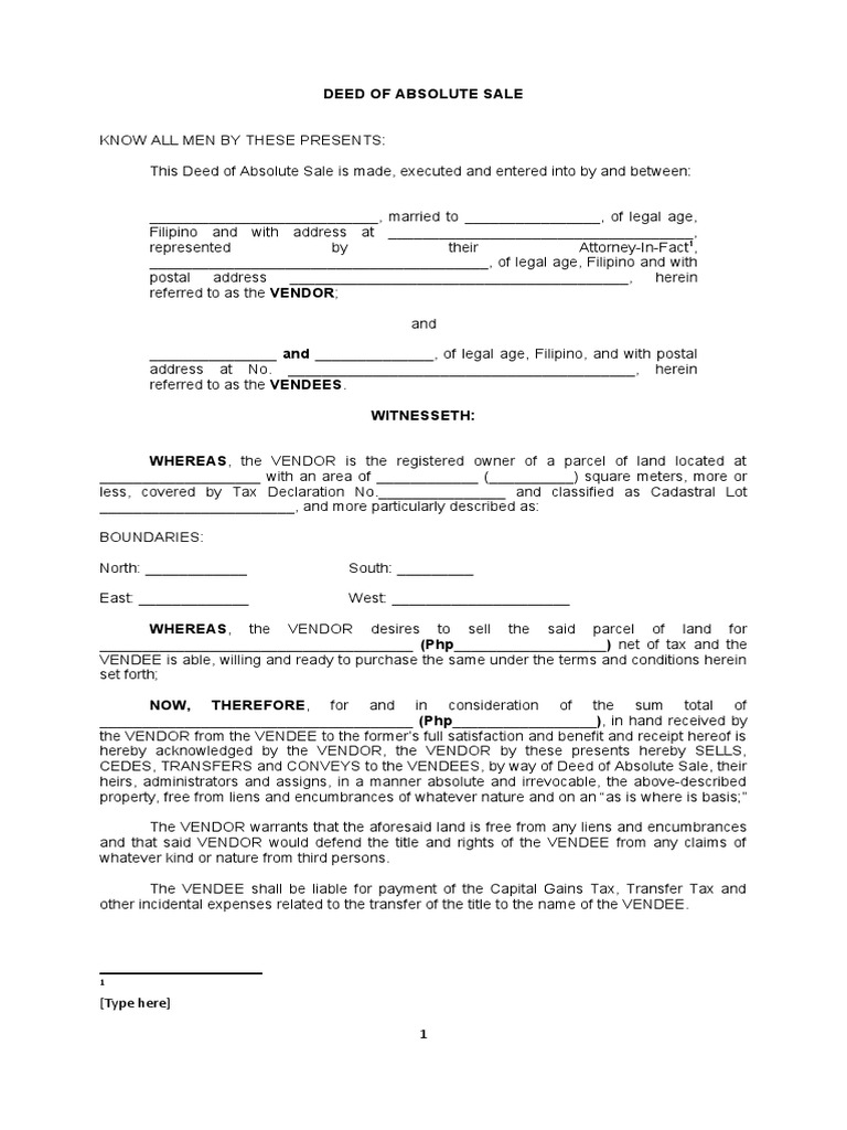 Deed of Absolute Sale Template | PDF