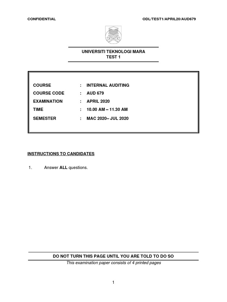 AUD679 2020 Apr Test Q | Download Free PDF | Internal Audit | Audit