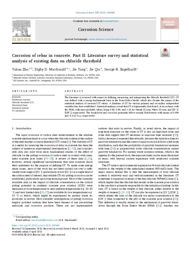 Corrosion of Rebar in Concrete Part II Literature Survey and ...