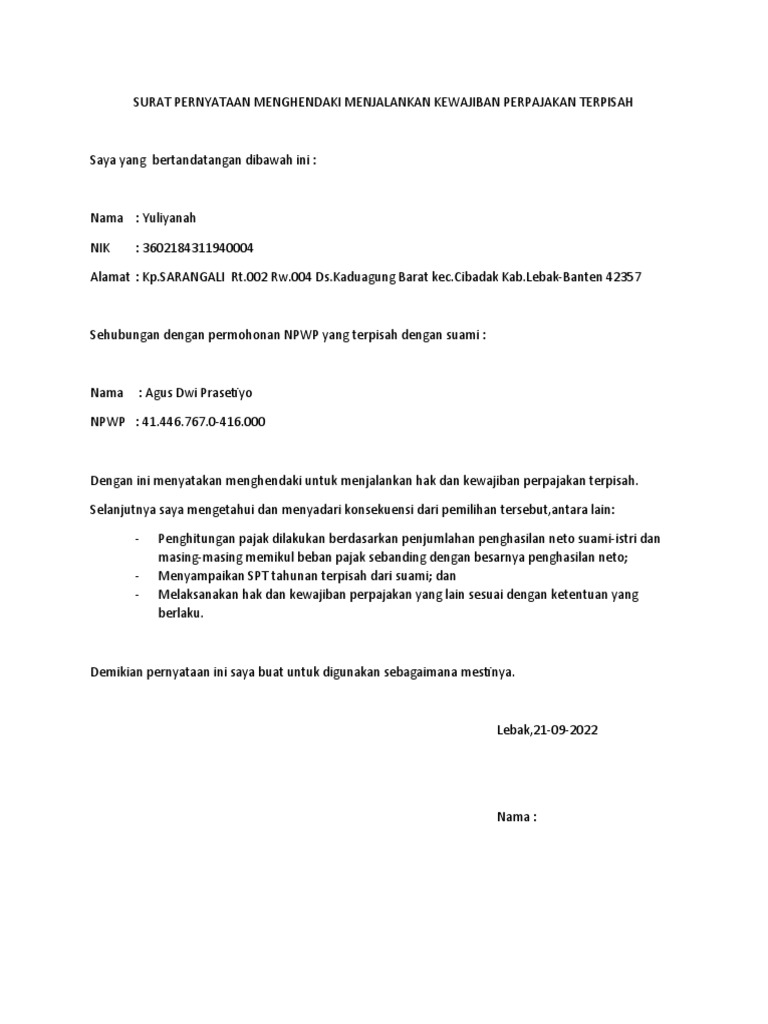 Surat Pernyataan Menghendaki Menjalankan Kewajiban Perpajakan Terpisah