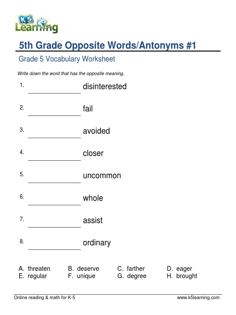 5th Grade Antonyms 1 PDF