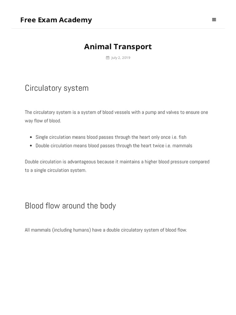 Animal Transport IGCSE Biology Notes (2020) PDF Heart Atrium