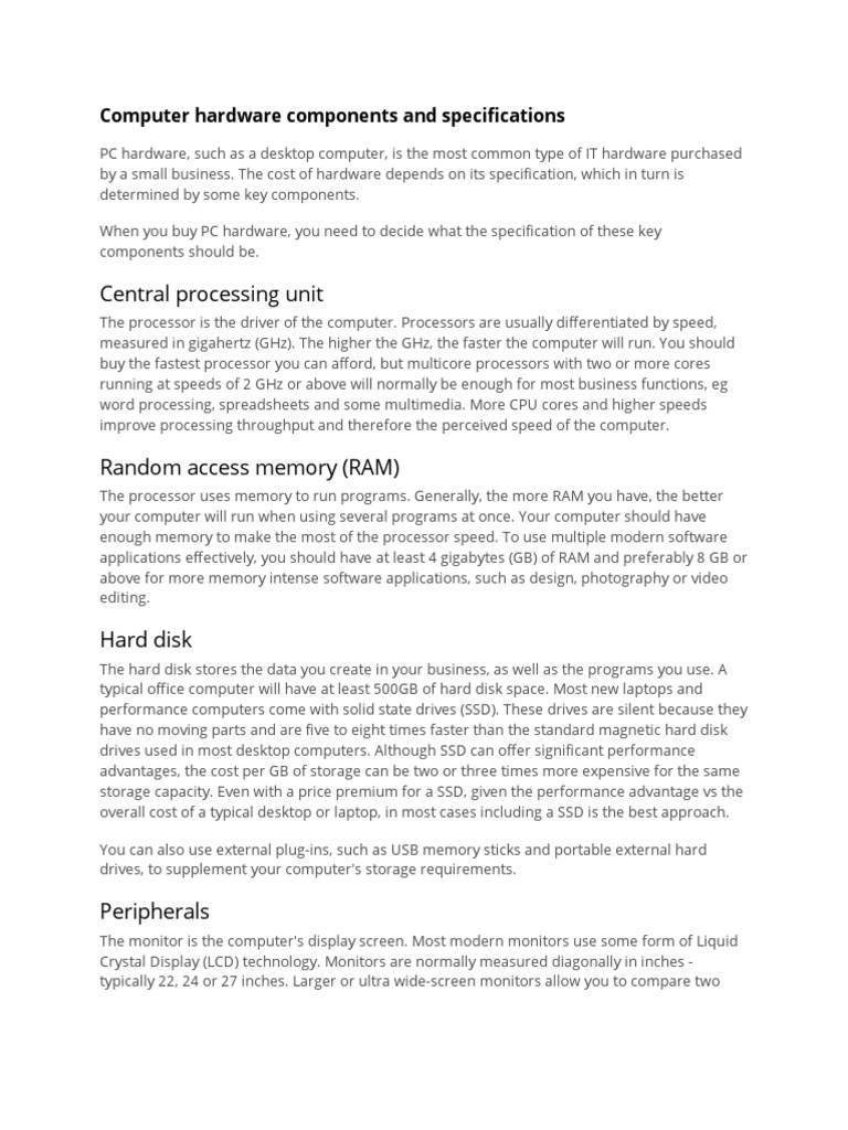 Computer Hardware Components and Specifications | PDF | Computer ...