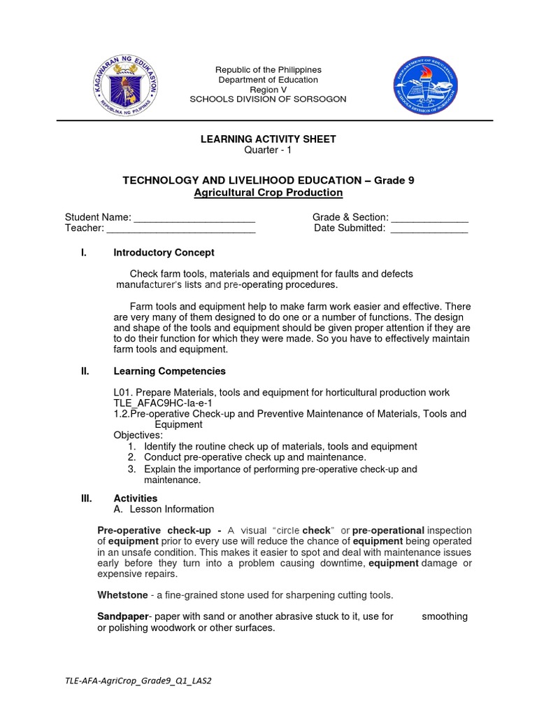 TLEAFAAgriCrop Grade9 Q1 LAS2 PDF Personal Protective Equipment