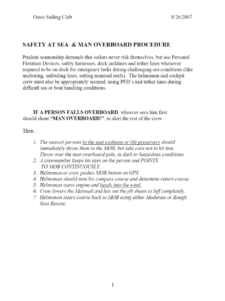 SAFETY AT SEA & MAN OVERBOARD PROCEDURE PDF PDF