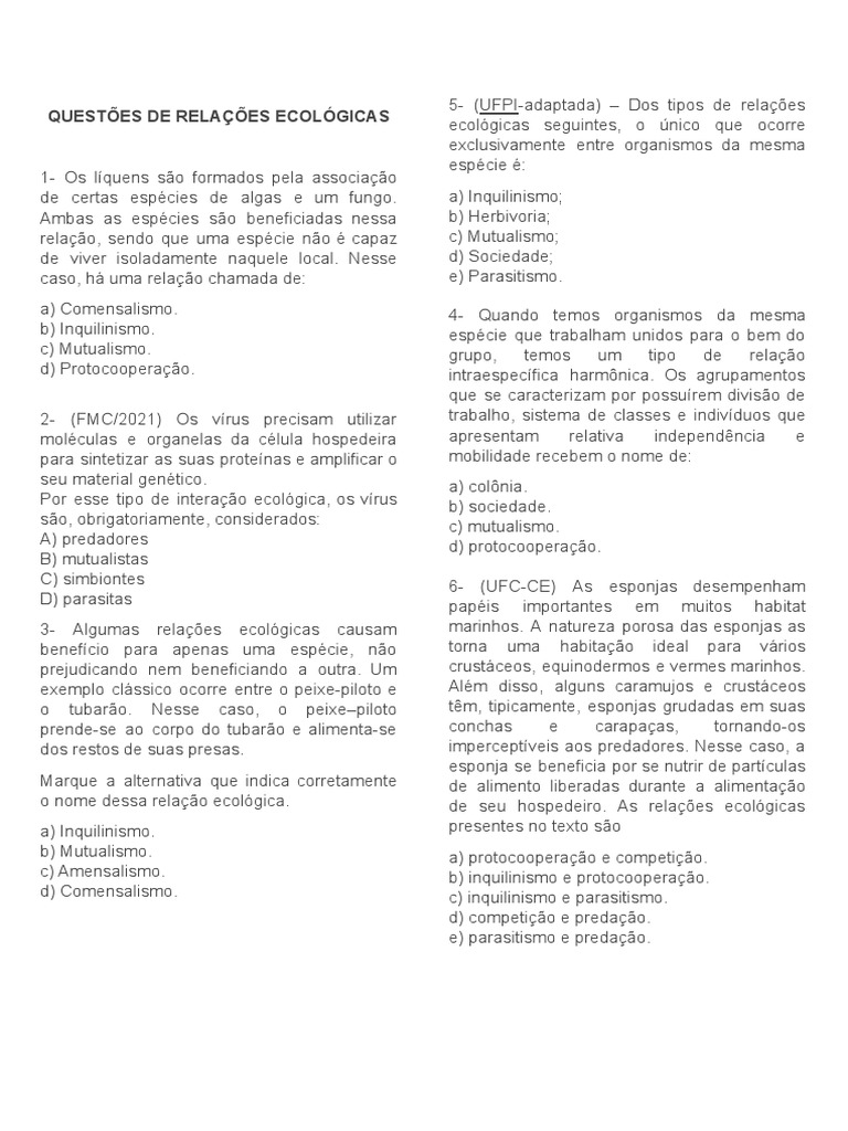 Questões de Relações Ecológicas | PDF | Biologia | Ecologia