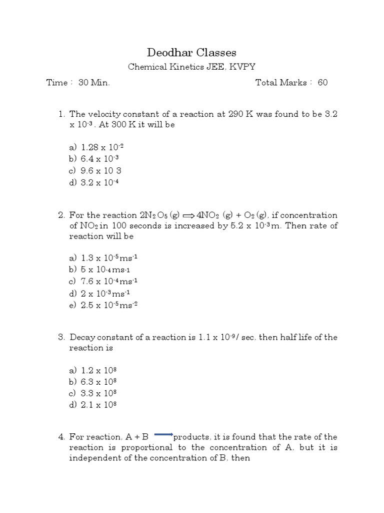 JEE & KVPY Chemical Kinetics Quiz | PDF | Reaction Rate | Activation Energy
