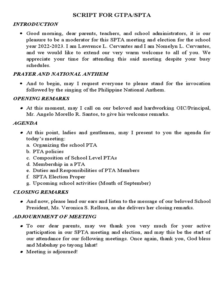 SPTA Meeting Script 2022-2023 | PDF