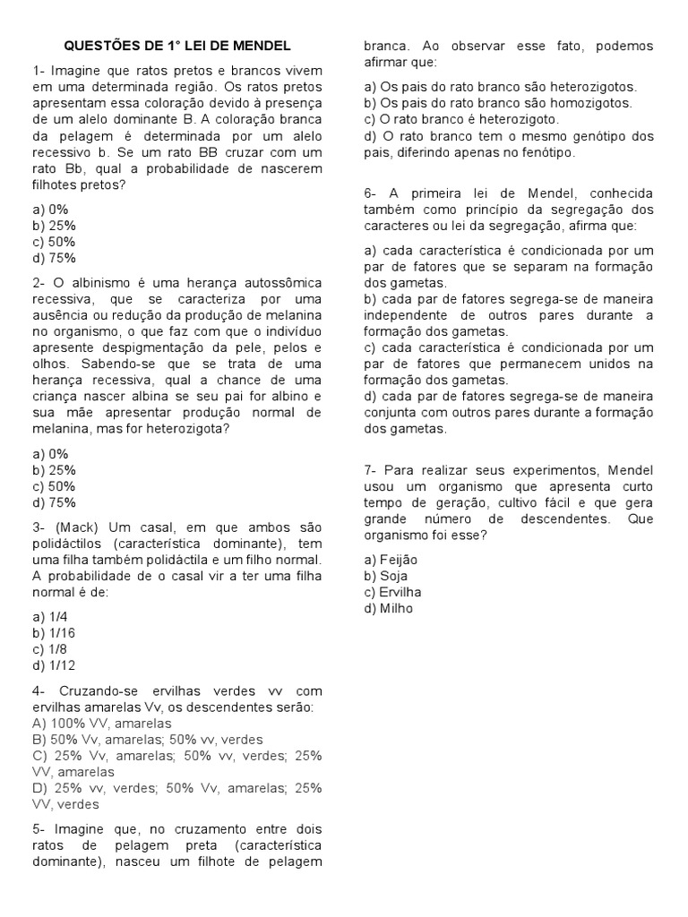 Questões de 1 Lei de Mendel | PDF | Dominância (genética) | Evolução ...
