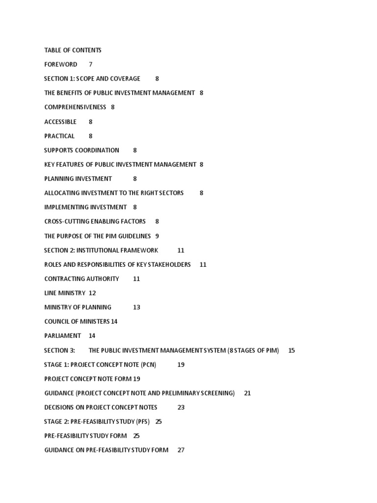 Table of contents pdf feasibility study investment management