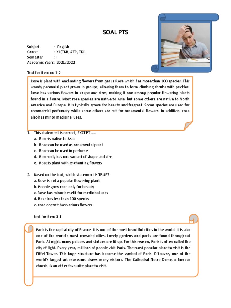 English PTS Questions for Grade XI | PDF | Rose