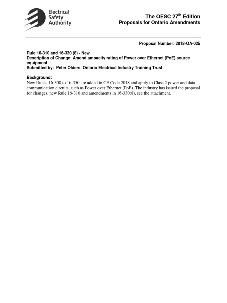 Proposed Amendments To The Ontario Electrical Safety Code Regarding 