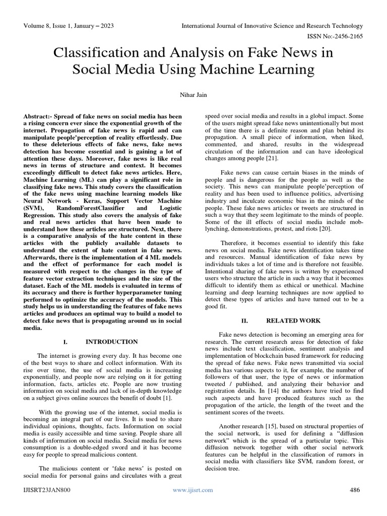 Classification and Analysis On Fake News in Social Media Using Machine ...