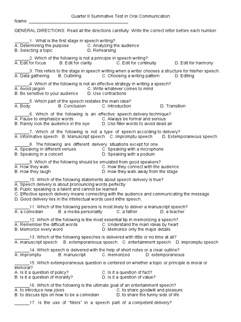 Oral Communication Summative Test | PDF | Speech | Public Speaking
