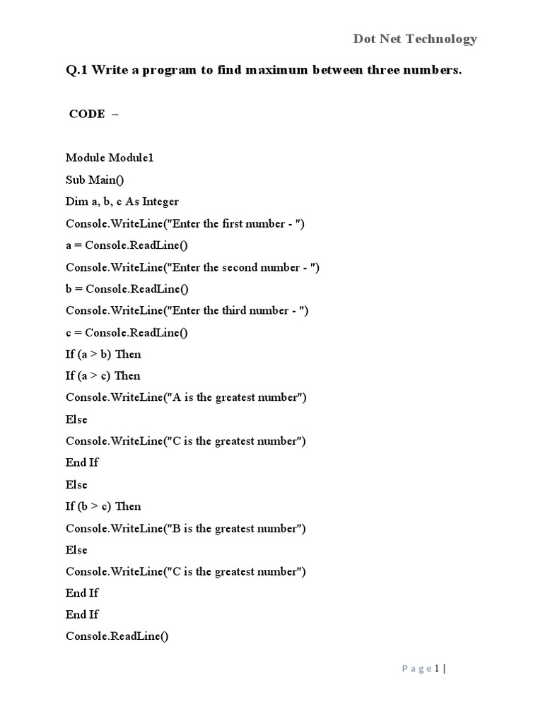 Q.1 Write A Program To Find Maximum Between Three Numbers.: Code ...