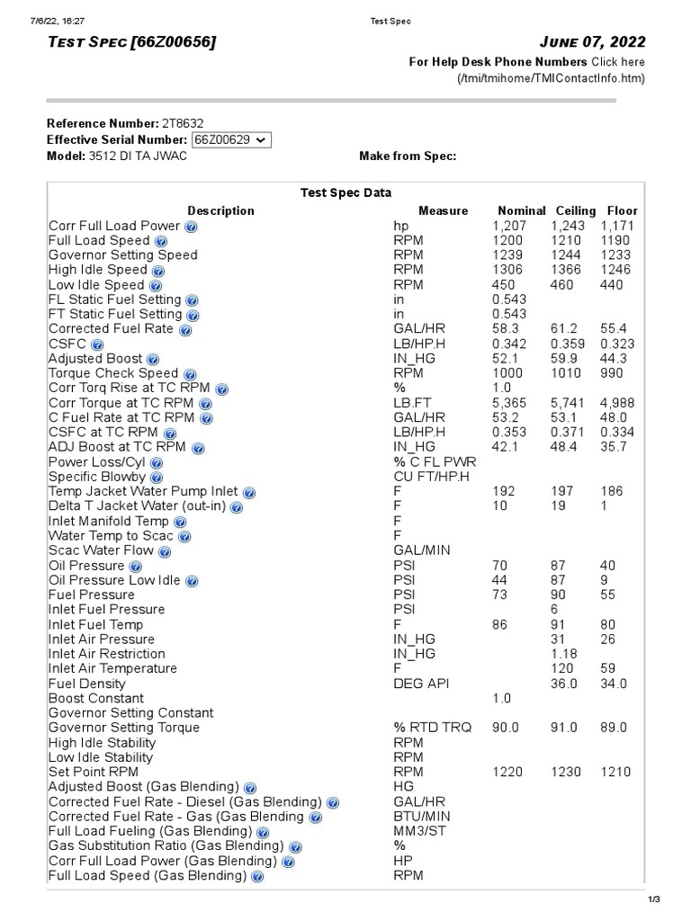 Test Spec 3512 PDF Turbocharger Horsepower