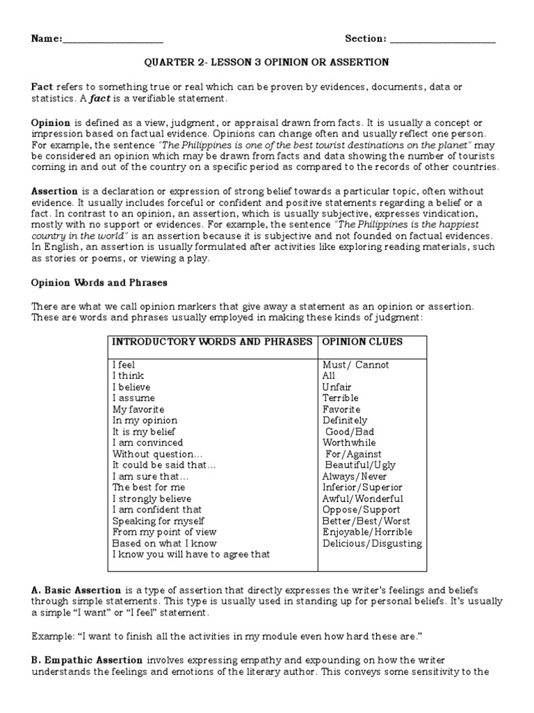 Opinion vs. Assertion Explained | PDF | Empathy | Feeling
