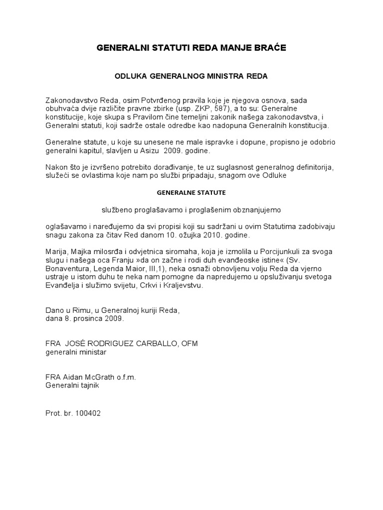 Generalni Statuti Reda Manje Brace | PDF