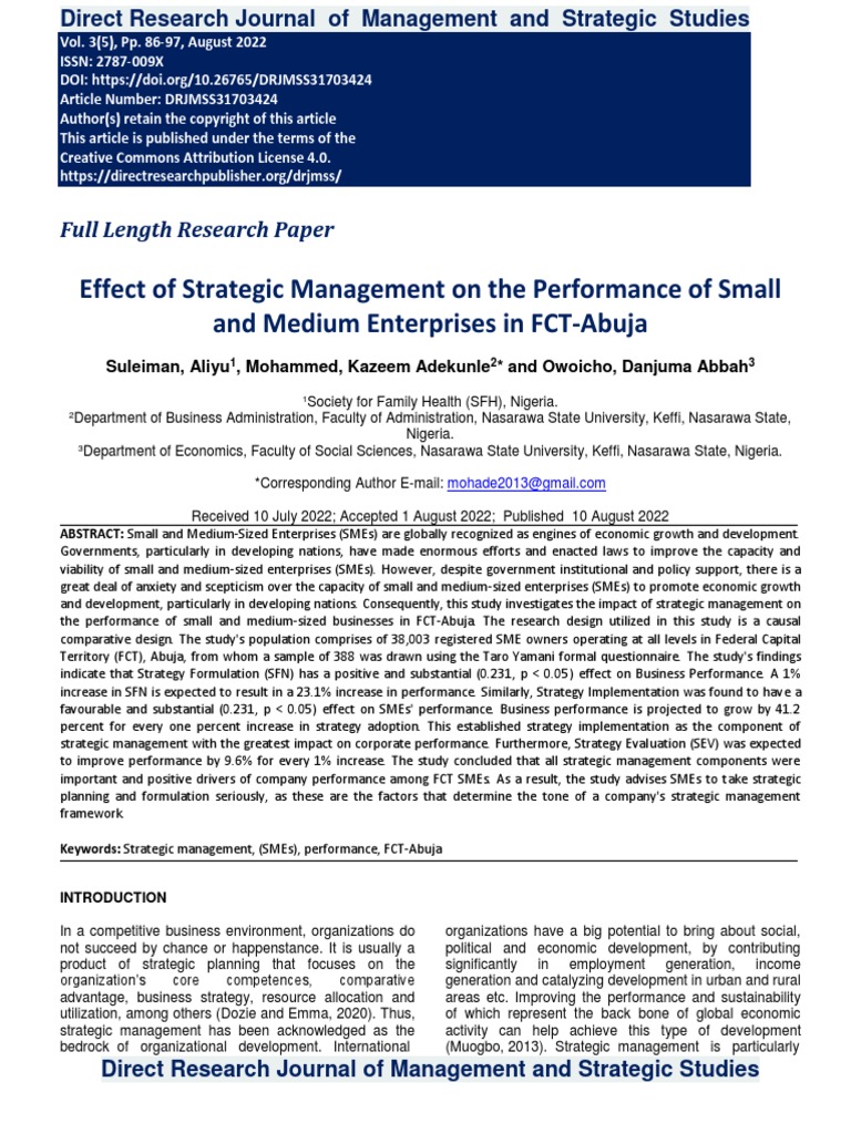 Effect of Strategic Management On The Performance of Small | PDF ...